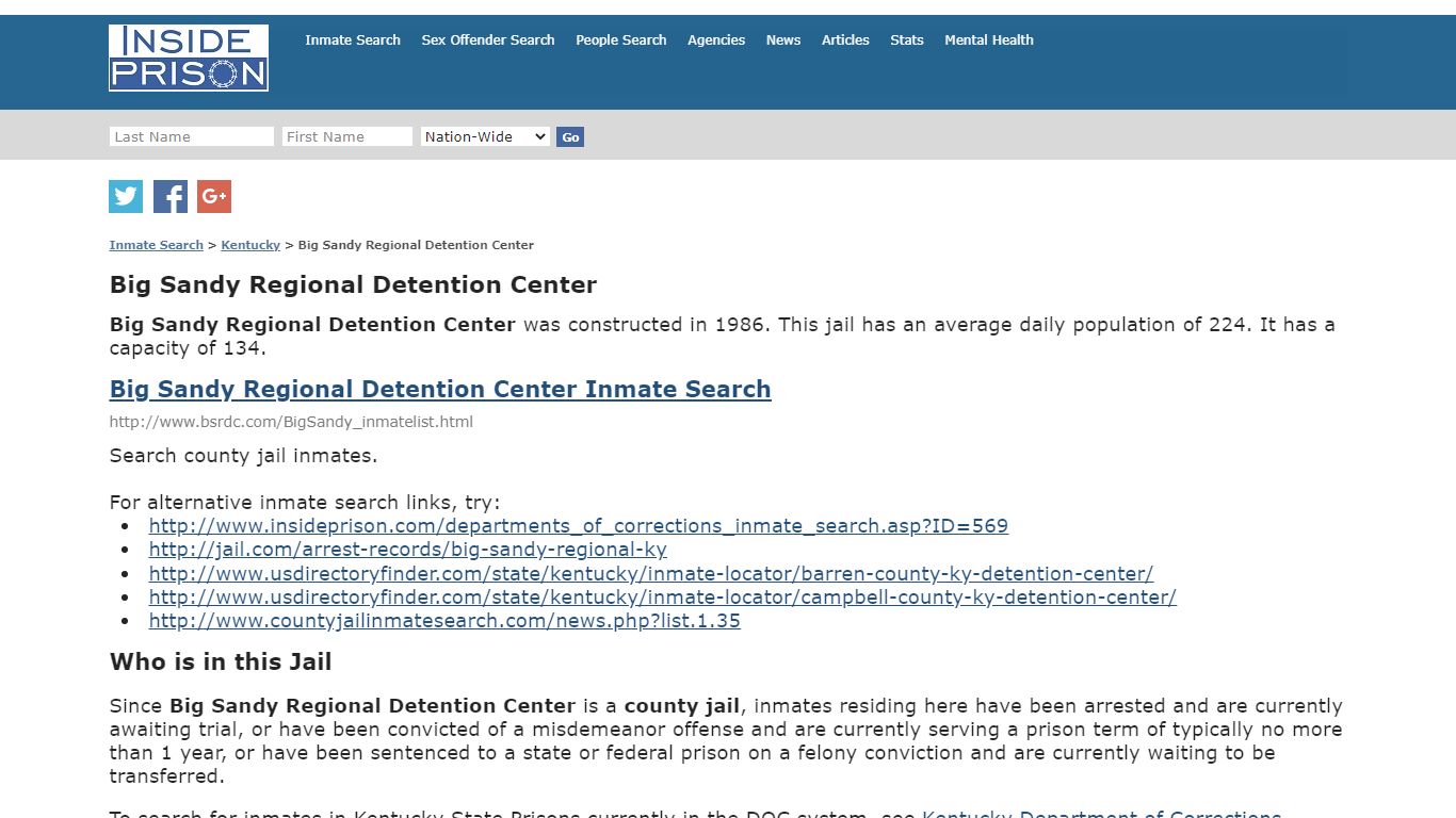 Big Sandy Regional Detention Center - Kentucky - Inmate Search